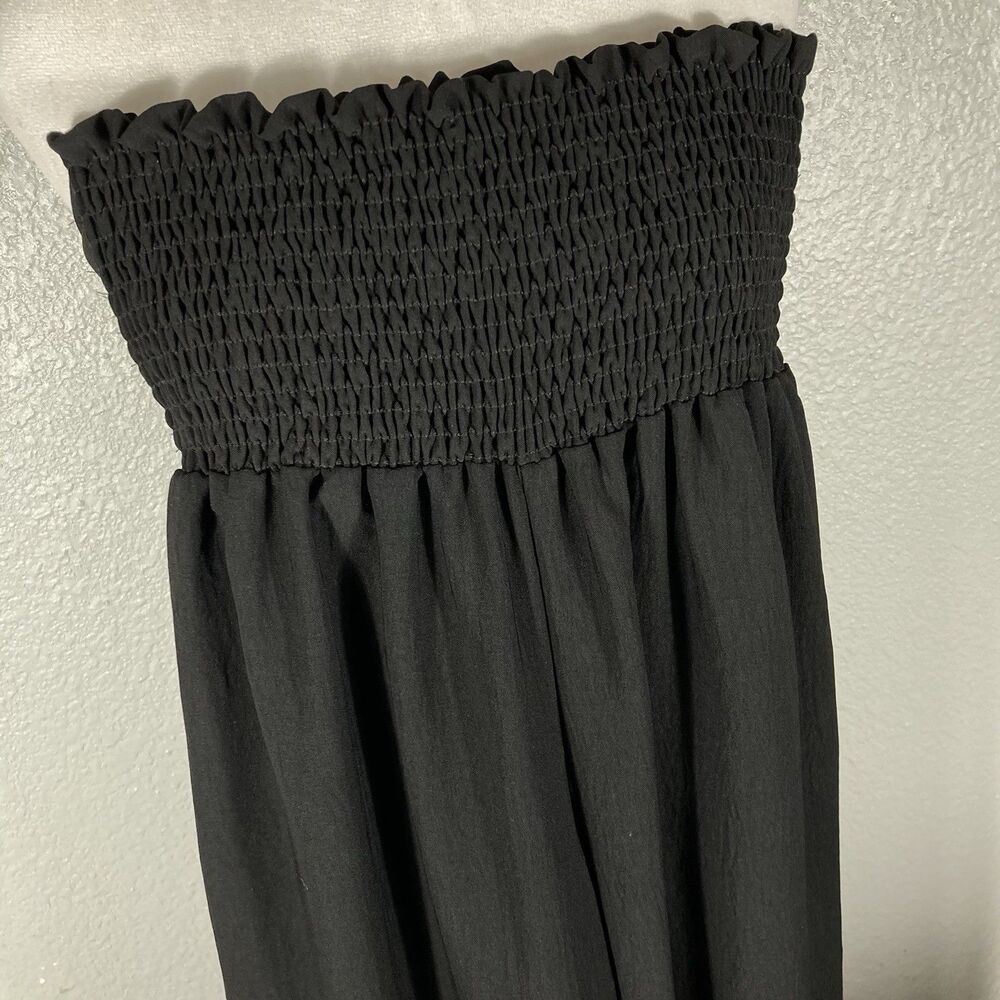 Womens Jumpsuit Strapless Halter Smocked Size M Black Tie Waist Wide Leg Flowy - Picture 4 of 11